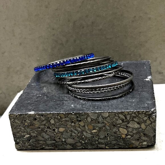 Blue and Silver 10-Bangle Bracelet Bundle - Picture 1 of 8